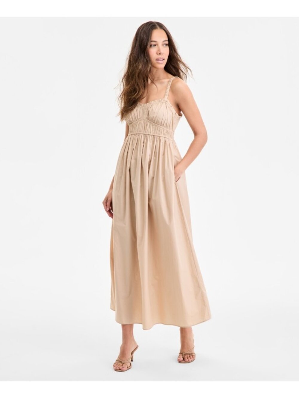 BOSS Orange Women's Cotton Sweetheart-Neck Maxi Dress Beige Size 12 MSRP $248